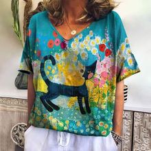 2025跨境外贸复古女式V领T恤3D印花猫图原宿街头服饰加大码可来图