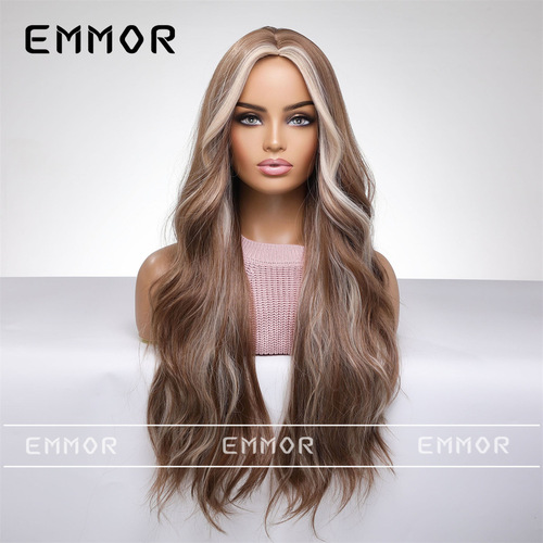European and American medium-parted long curly wig for women, hair hanging ear highlights, fluffy big waves, mixed brown hair color, full headband style
