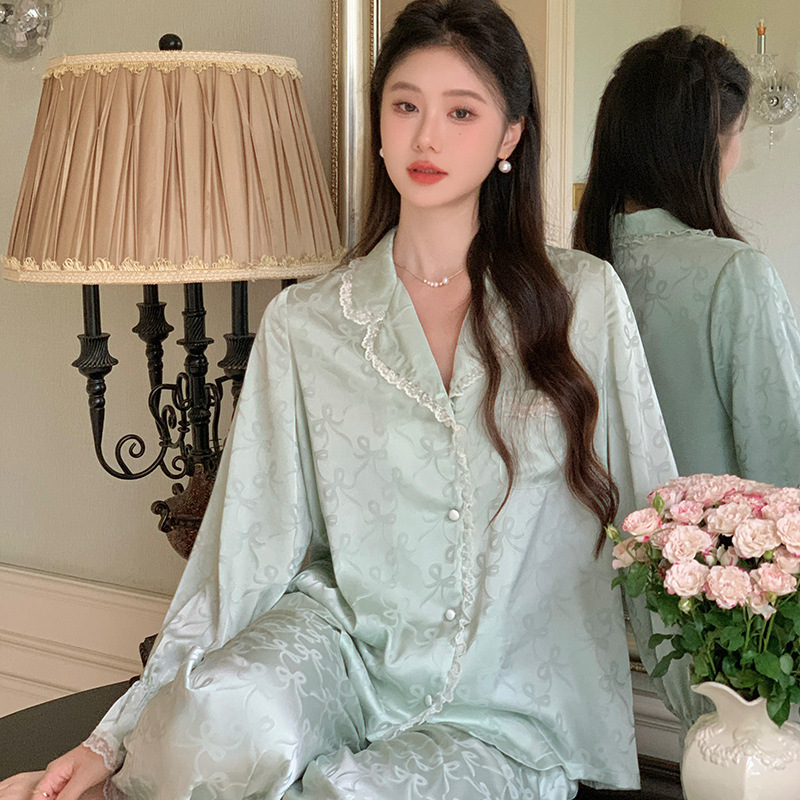 法式睡衣套装女士秋季新款色丁提花两件套装长袖长裤家居服可外穿|undefined
