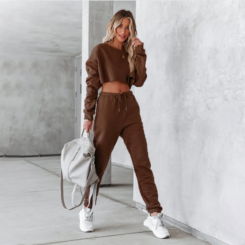 Autumn Winter Solid Color Round Neck Pullover Cropped Long Sleeve Sweaters Women's Clothing Casual Drawstring Trousers Suit