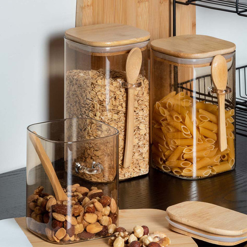 Square transparent glass jar with spoon bamboo lid food sealed storage jar moisture-proof kitchen storage sealed jar wholesale