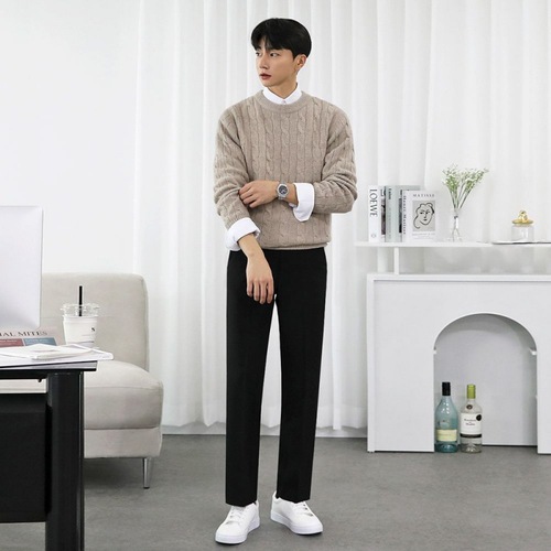MYQ Round Neck Cable Knit Sweater for Men Autumn/Winter Korean Version Fashion Business Loose Hooded Topcoat for Layering