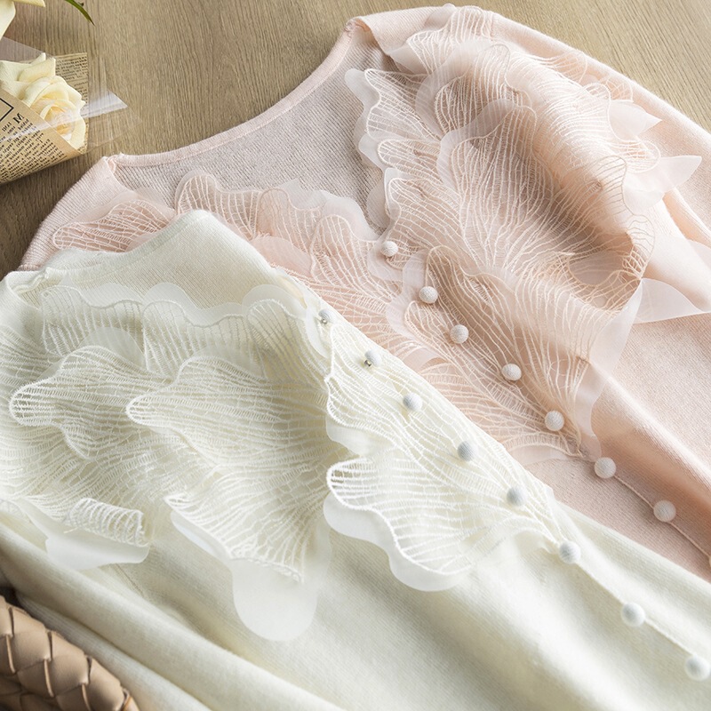 Pink Feather Wool Knitted Shirt Base Shirt Women's Autumn and Winter Lace Gentle Romantic High Sense Wear Top