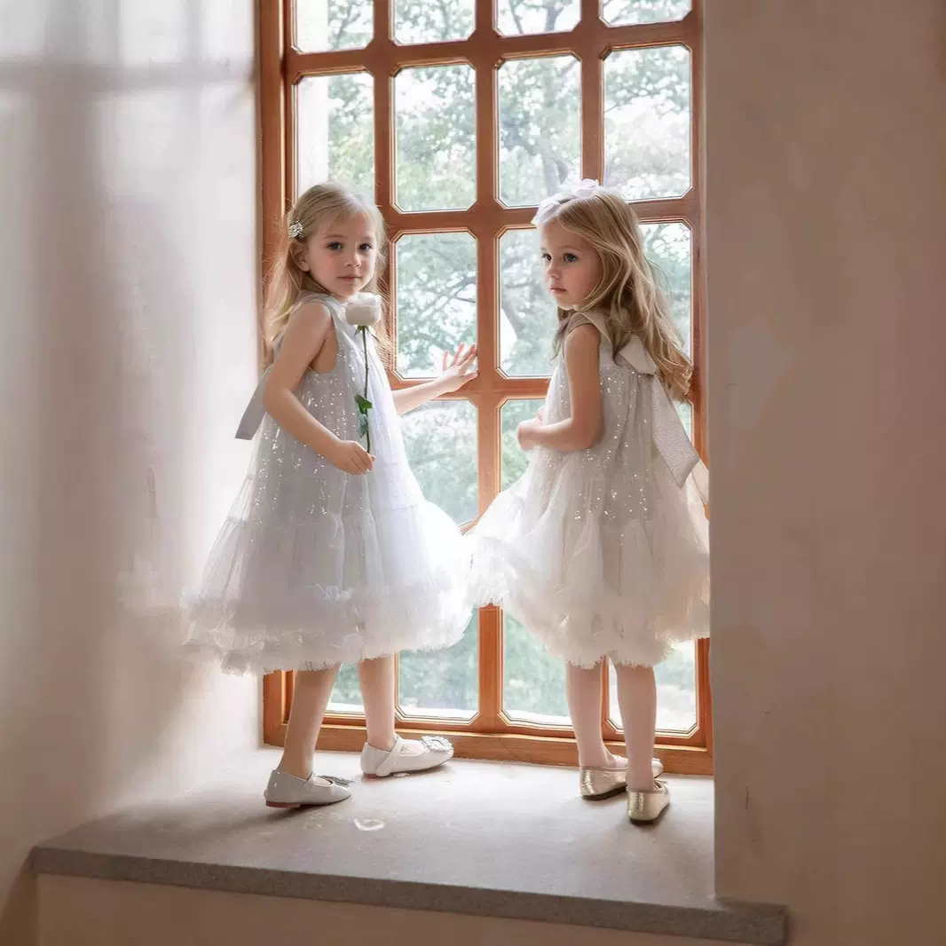 新款女童晚宴礼服小主持人钢琴演出服娃娃领无袖连衣裙网纱公主裙