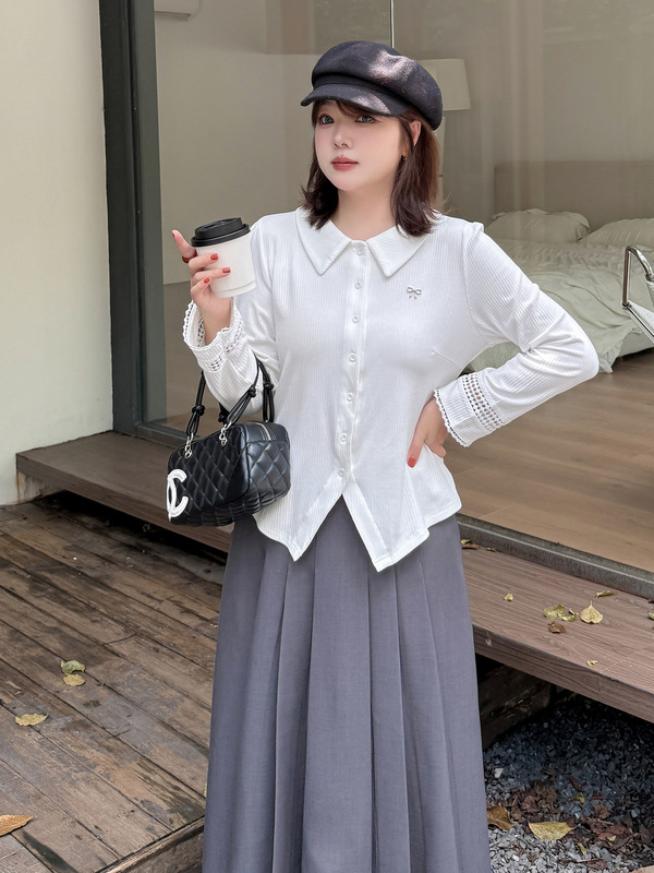 伊诺大码女装polo领甜美花边长袖T恤2025秋季新款开衫上衣333183|undefined