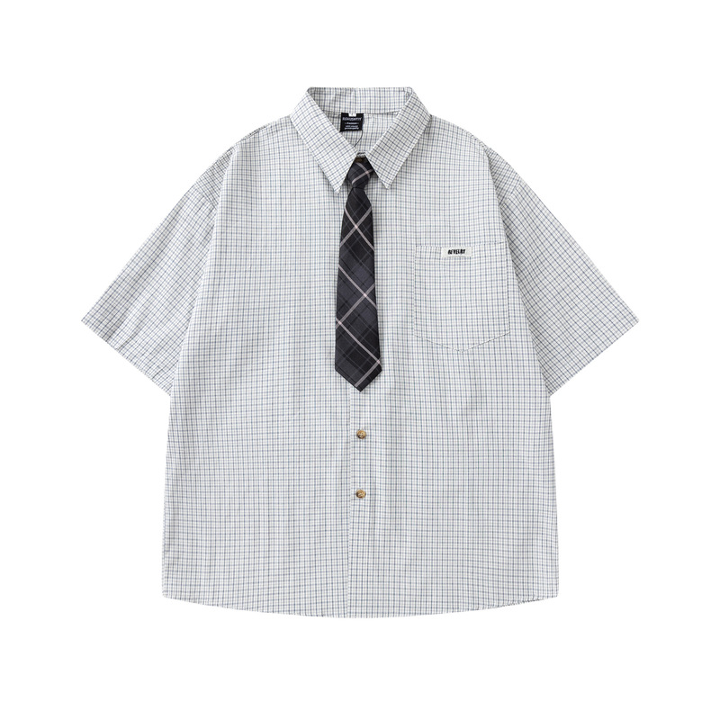 Japanese Retro Plaid Tie Short-Sleeve Shirt Men Summer College Style Couple Plaid Loose Casual Trendy Shirt