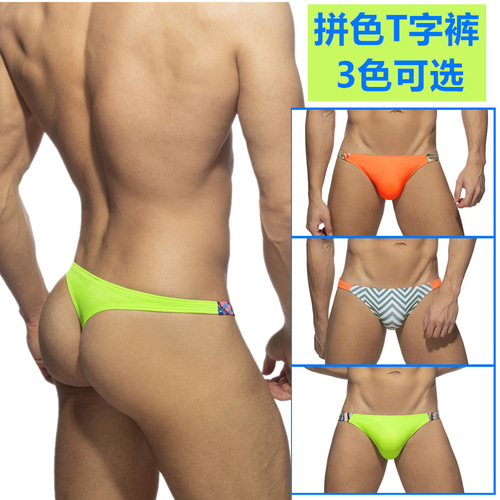 Foreign trade  new AD swimming trunks low-waisted sexy thong anti-embarrassing cup printed color matching swimming trunks for cross-border