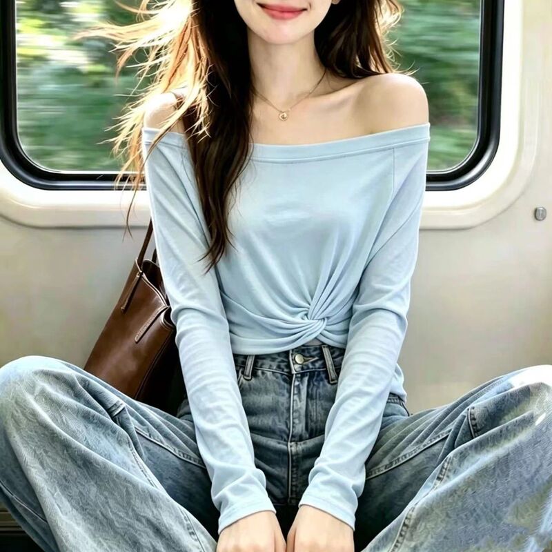 Korean Style Twisted One-Shoulder Long-Sleeve T-Shirt for Women, 2026 New Summer Slim-Fit Sun-Protective Cover-Up Top