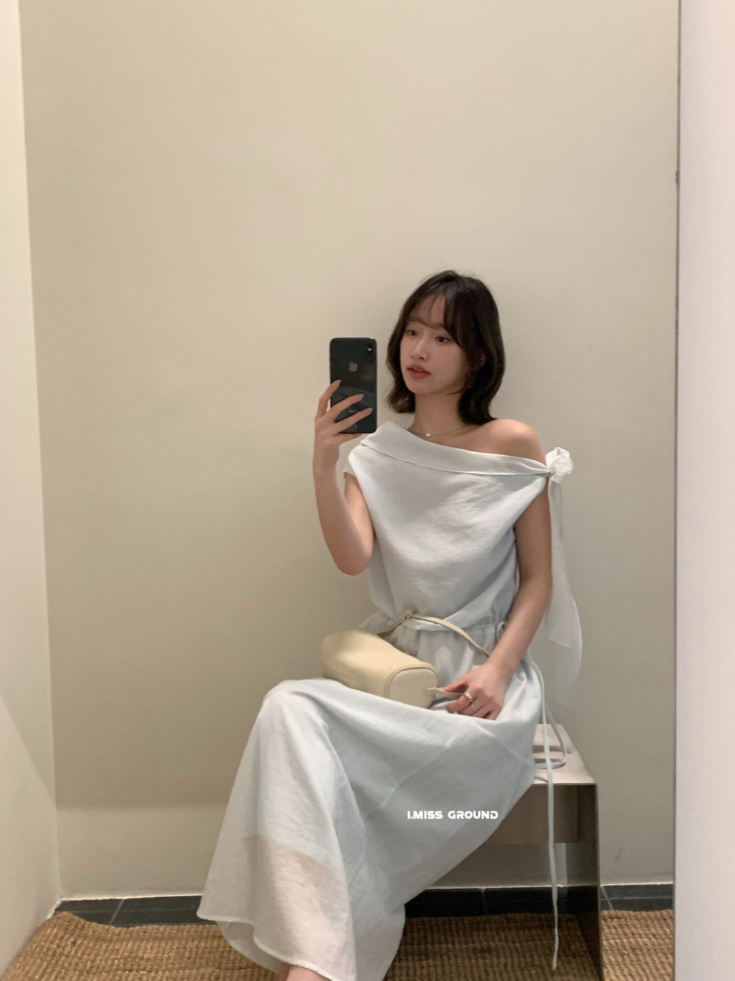 Đầm maxi nữ thắt eo phong cách Pháp cổ điển, tay lệch vai, dáng chữ A, tôn dáng — xanh lam, màu trắng, Bột cam chi tiết 9