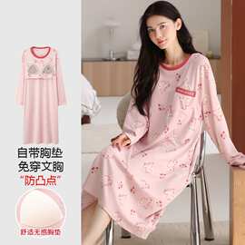 【带胸垫】春秋新款纯棉女长袖睡裙印花休闲女家居服图片色有吊牌