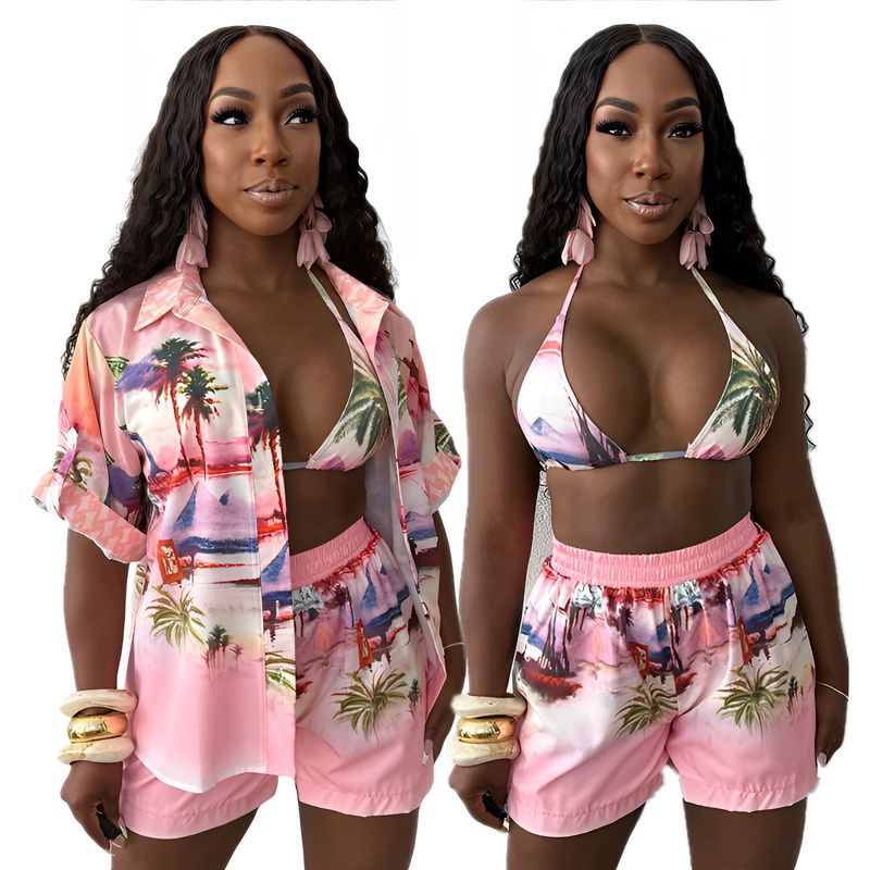 D2527 ヨーロッパとアメリカのクロスボーダーファッション新しい婦人服カジュアルプリントビーチ休暇ラップシャツとショーツの3点セット|undefined