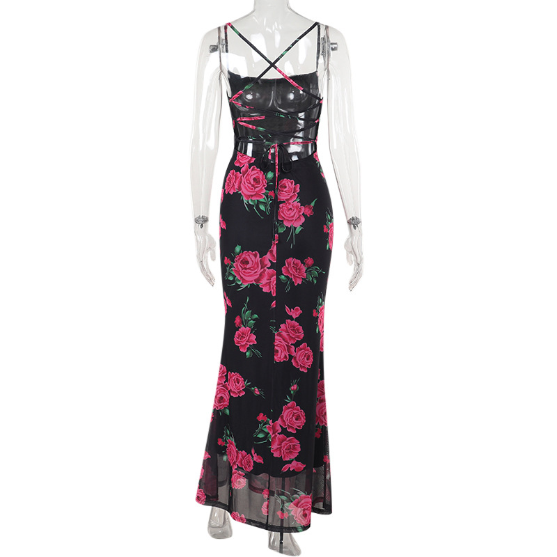 Spring Maxi Dress Sexy Spaghetti Strap Floral Print Backless Lace up Dress