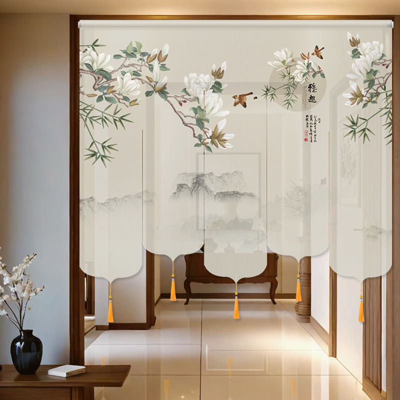 New Chinese-Style Door Curtain Hanging Screen Roller Blind with Floral and Bird Design, Elegant and Punch-Free Entrance Curtain for Tea Room, Study, and Living Room Partition