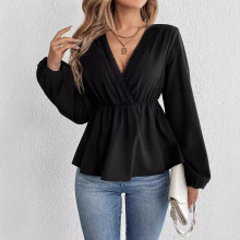 欧美跨境亚马逊新款拼接V领衬衫 秋装上衣