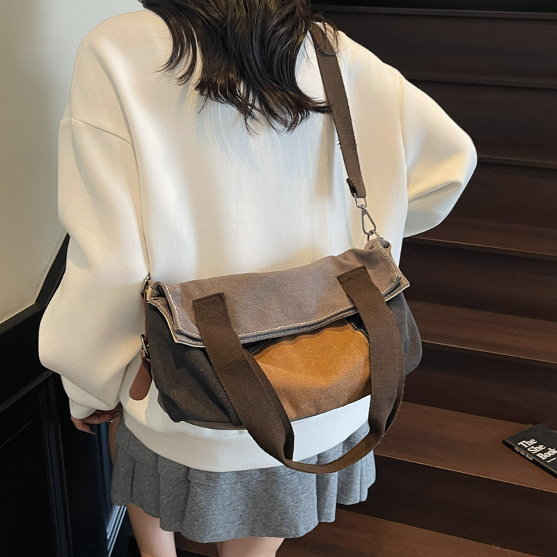 Bolso tote retro estilo de Hong Kong 2025 nuevo bolso de lona con costuras en contraste bolso de hombro bolso de mensajero de gran capacidad mujer