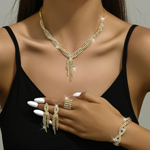 首饰套装 时尚满钻流苏首饰套装五件套 项链耳钉手链弹力戒指