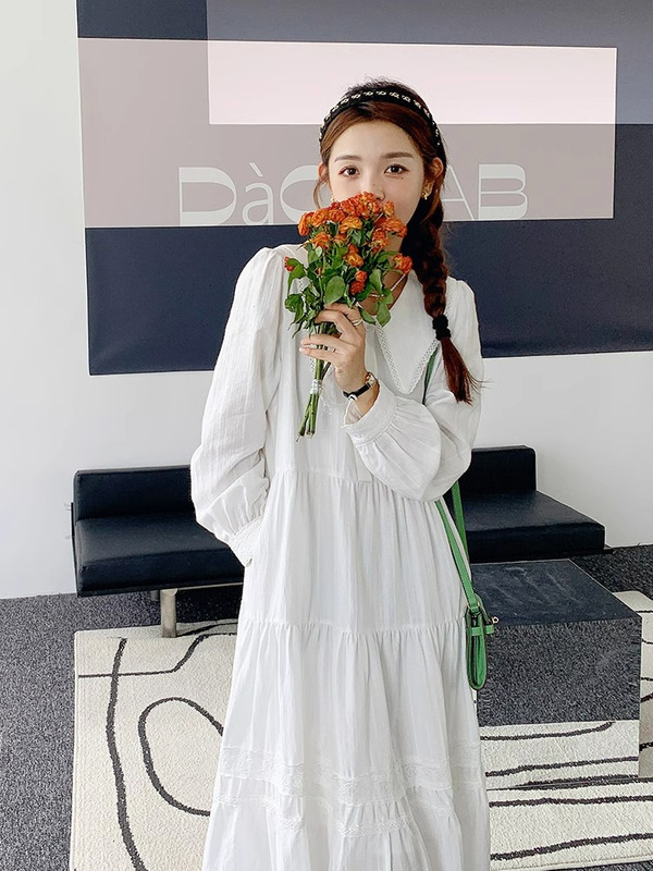 2023 Spring and Autumn New French Style First Love Style Retro Doll Collar White Long Dress Pure Sweet Elegant Dress for Women