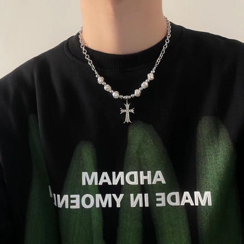 Ins Cross Pearl Stitching Titanium Steel Necklace Men's Niche Hip-Hop Sweet and Cool Women's Clavicle Chain Design Sweatshirt Chain