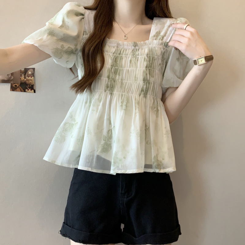 ミントマンボ夏の新しいフレンチスクエアカラー花柄甘い半袖シフォンシャツカレッジスタイルパフスリーブトップ女性用|undefined