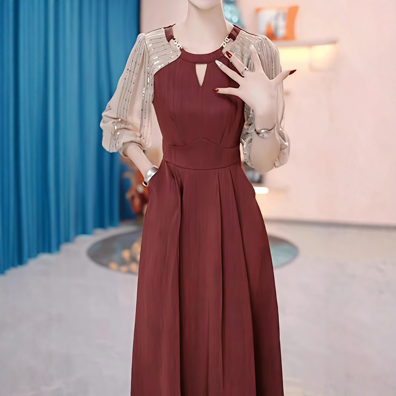 Elegant High-End Long-Sleeve Dress 2025 New Stylish Slimming Mom's High-End Dress D0579
