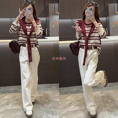 2025款入秋穿搭一整套女条纹披肩休闲裤两件套小个子气质显瘦套装