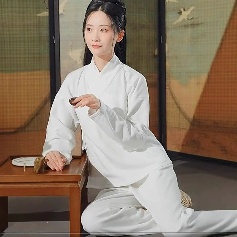 Зимняя женская внутренняя куртка и брюки Hanfu на флисовой подкладке, утолщенная подкладка Hanfu, базовый слой в древнем стиле, мужские хлопковые пижамы с перекрестным воротником, домашняя одежда.