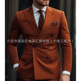 亚马逊外贸男士商务休闲双排扣两件套新郎婚礼西装高级感西服套装