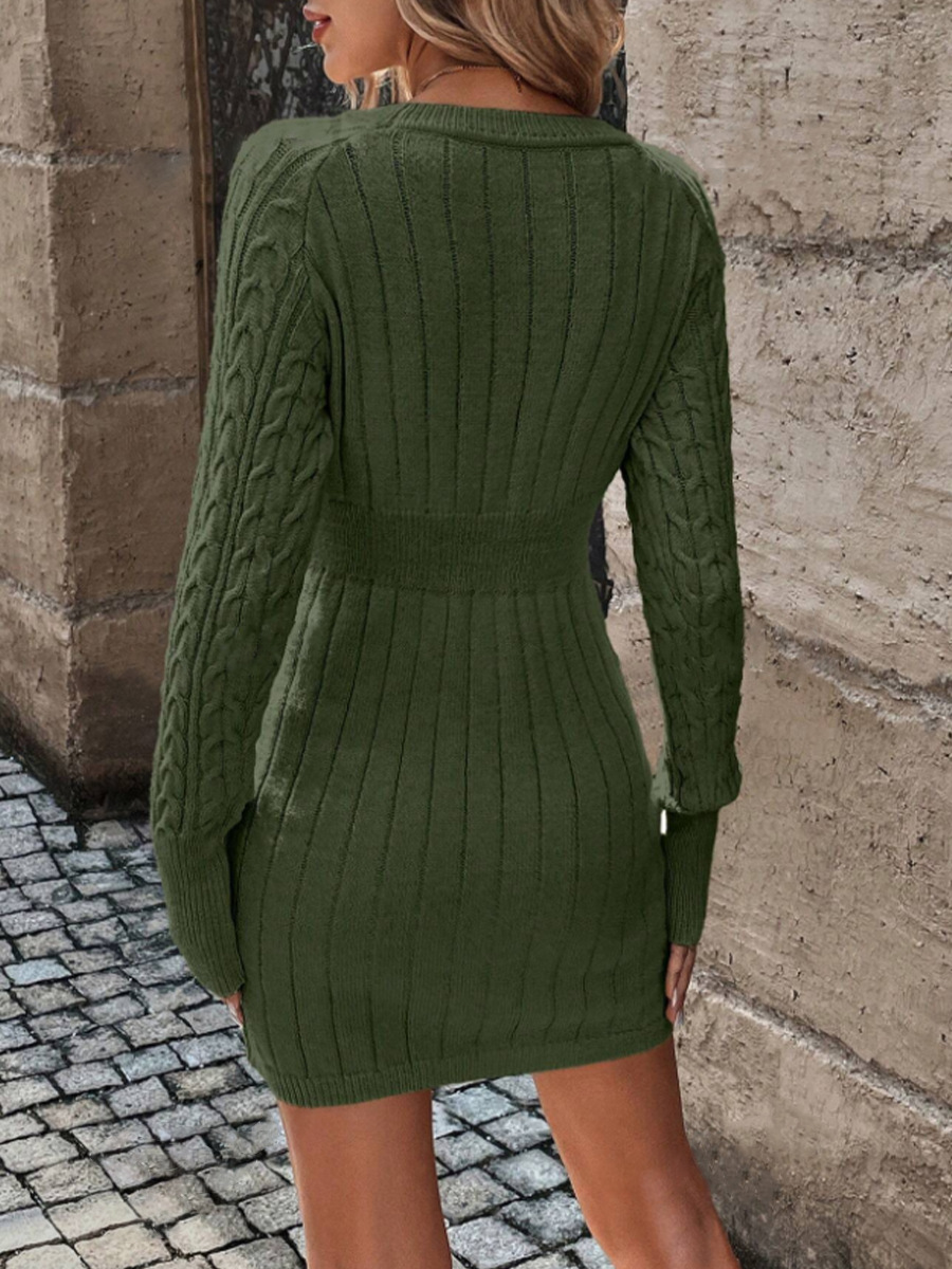 K Fried Dough Twists Knit Skirt Women's Fashion Crewneck Round Neck Solid Color Fitted Sheer Dress For Women_voghion.com