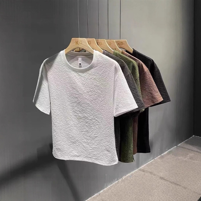 Summer Seersucker High-End Texture Waistcoat Round Neck Men's Short-Sleeved T-Shirt New Pure Color Top Half-Sleeved Undershirt