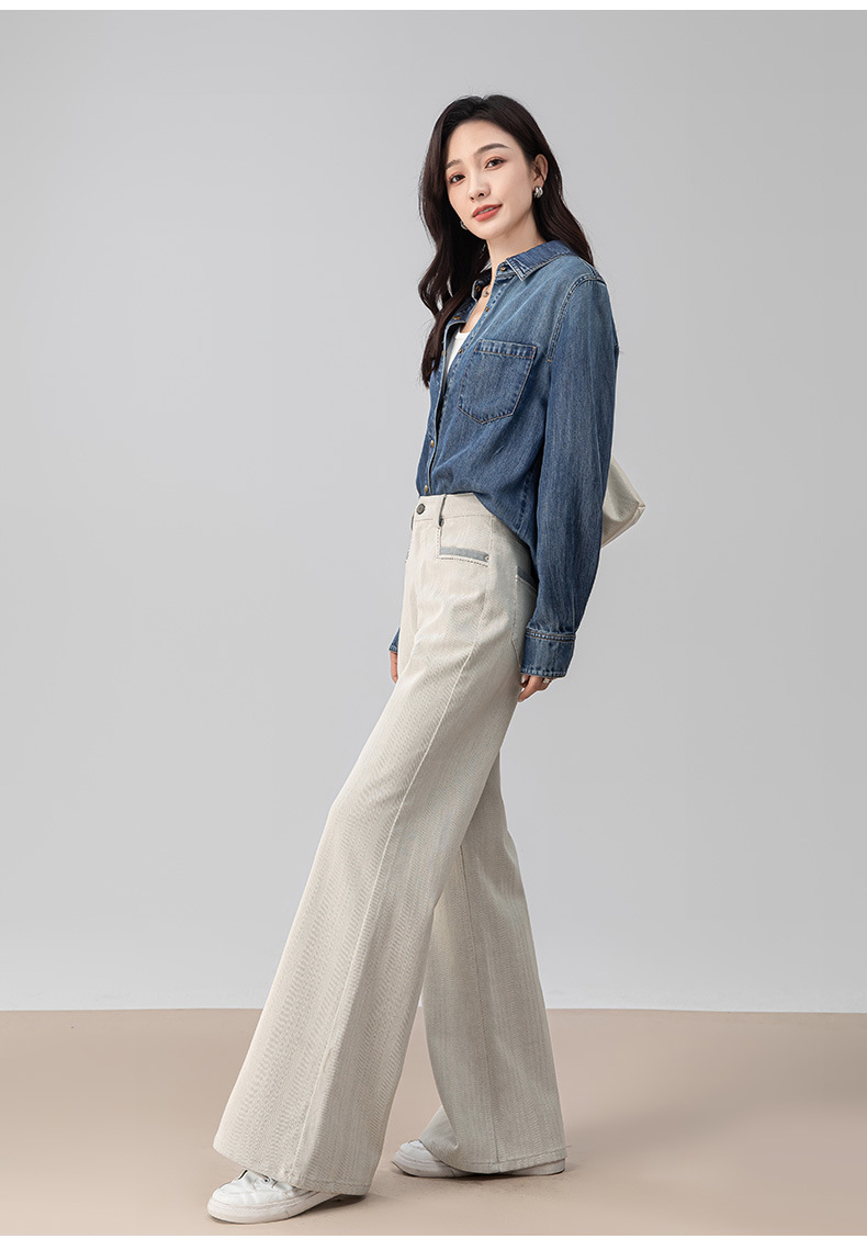 Quần jeans ống rộng chuông Xinge cạp cao dáng xòe nhẹ dài chấm đất — màu xám trắng chi tiết 5