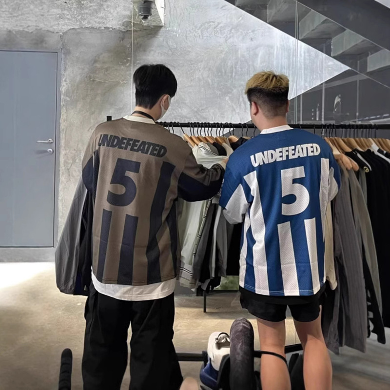 Cross-Border Summer Und Five-Stripe Jersey American Casual Retro Sports Couple Short-Sleeved T-Shirt Versatile Round Neck Loose