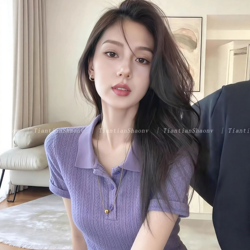 Recommended for Personal Collection~ Purple Polo Collar Short-Sleeve Knit Top for Women, New Summer Style with a High-End Feel, Regular Shoulder Fit, Versatile Top Recommended for Personal Collection~ Purple Polo Collar Short-Sleeve Knit Top for Women, New Summer Style with a High-End Feel, Regular Shoulder Fit, Versatile Top