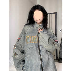 春秋款牛仔外套女美式复古原宿风辣妹绣重工贴布刺绣夹克宽松潮流