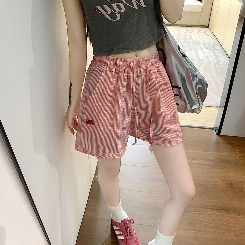 縦ストライプ巾着レター刺繍ワイドレッグショーツレディースルーズサマーホットパンツカジュアルレディースパンツ直接配送|undefined