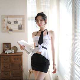问夜情趣内衣女式挂脖低胸领带性感包臀短裙夜店露背秘书教师制服