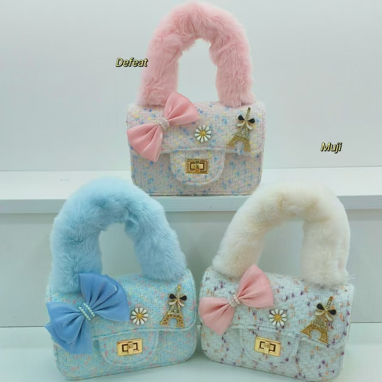 Bolso de peluche de arco, bolso de hombro de moda, bolso de mochila de niña, bolso pequeño, bolso de cambio, bolso de accesorios