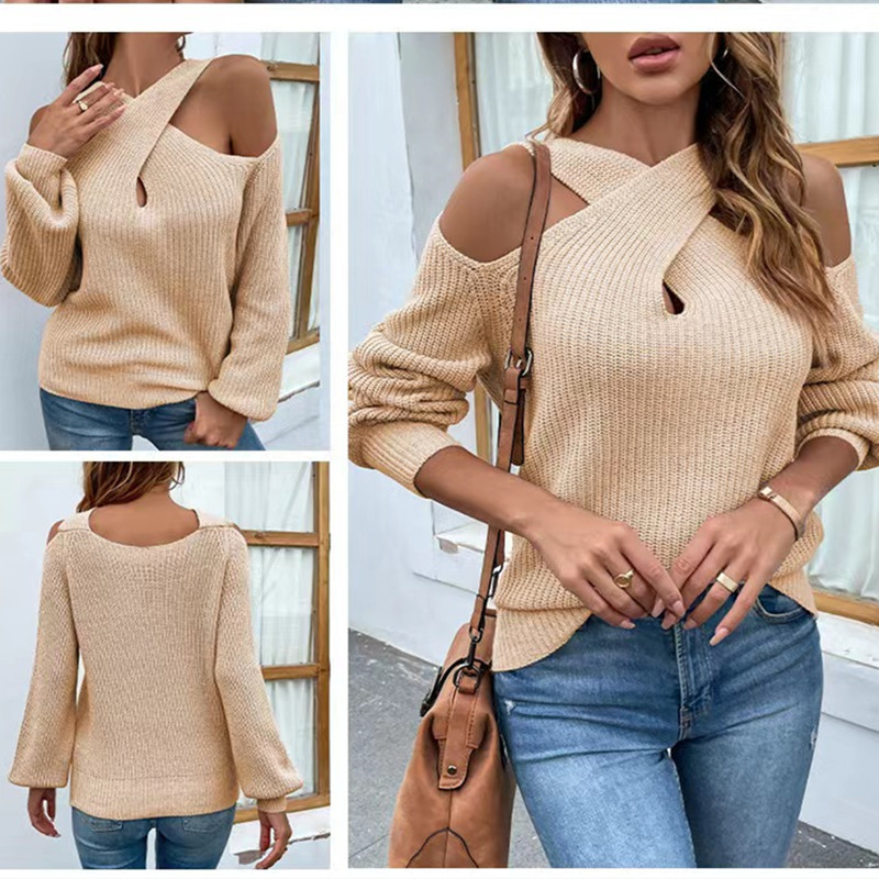 Women's new solid color off-the-shoulder cross backless collar lantern sleeve women's sweater_voghion.com