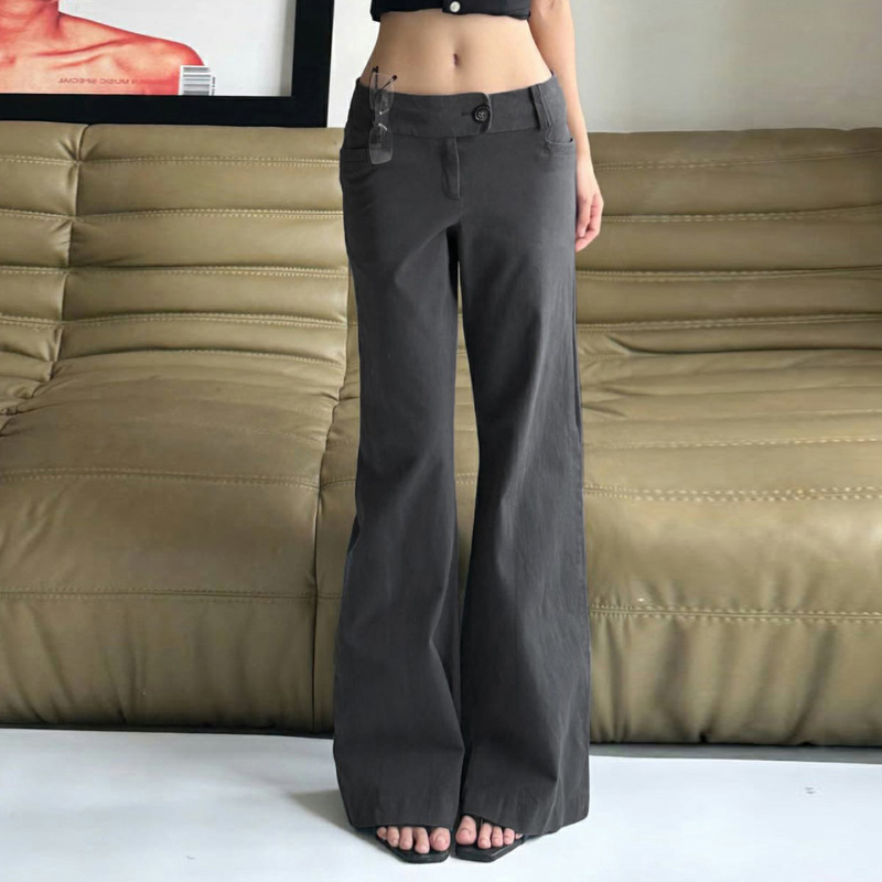 低腰微喇叭辣妹灰色休闲西裤女2025夏季宽松显瘦百搭直筒梭织长裤|undefined
