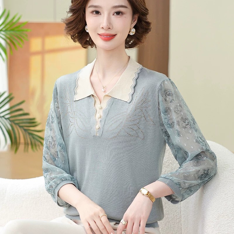 Fashionable Spring Clothing for Moms: Knitted Top with Turn-Down Collar and Sheer Sleeves, Thin T-Shirt with Three-Quarter Sleeves for Middle-Aged and Elderly Women