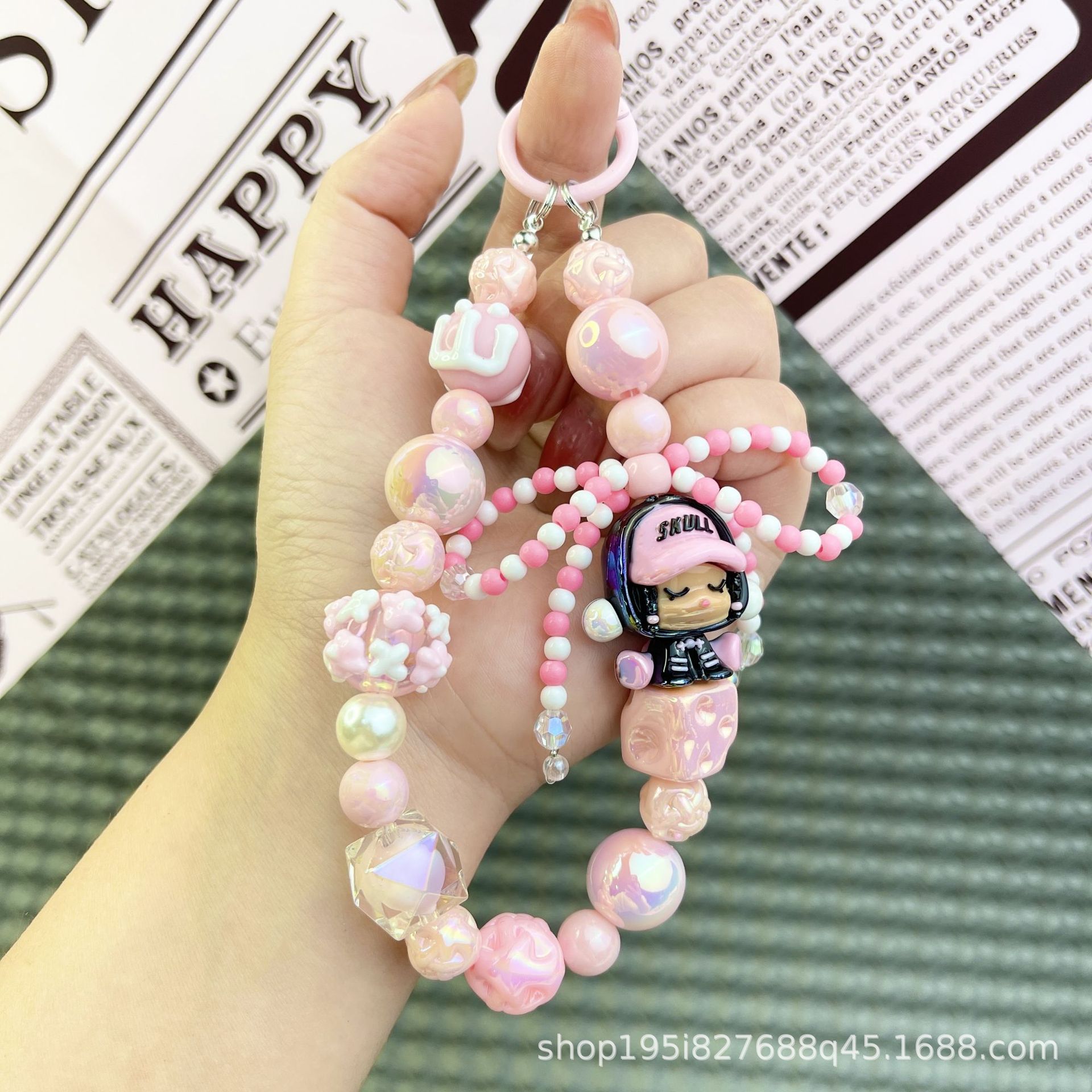 버블마트 핸드페인팅 비즈 리본 펜던트 핑크 (프리 스페이서)