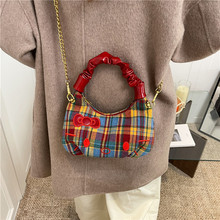 秋冬设计高级感撞色格子褶皱手提包包女2025新款潮百搭单肩斜挎包