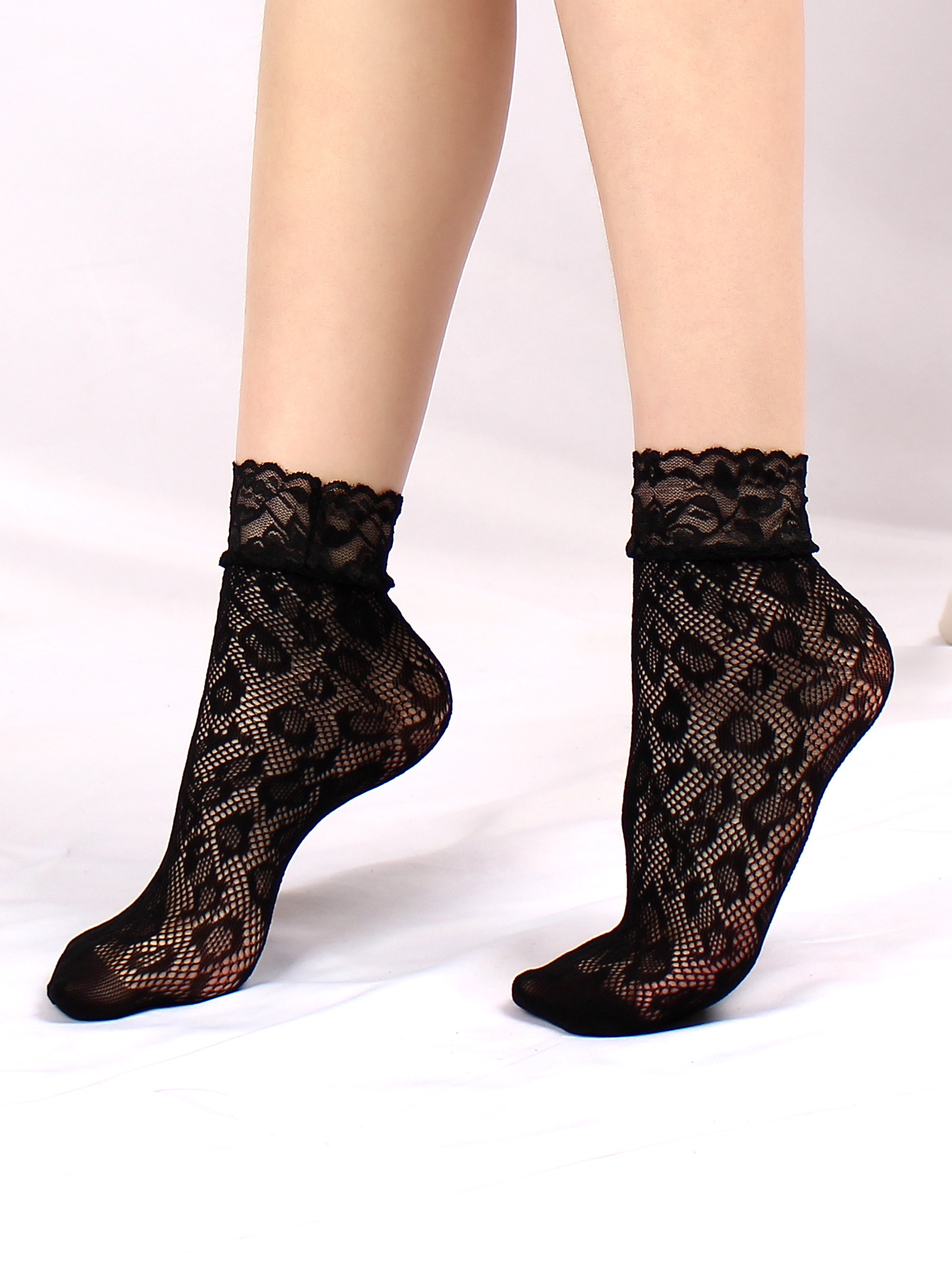 蕾丝边豹纹短网袜 黑色1