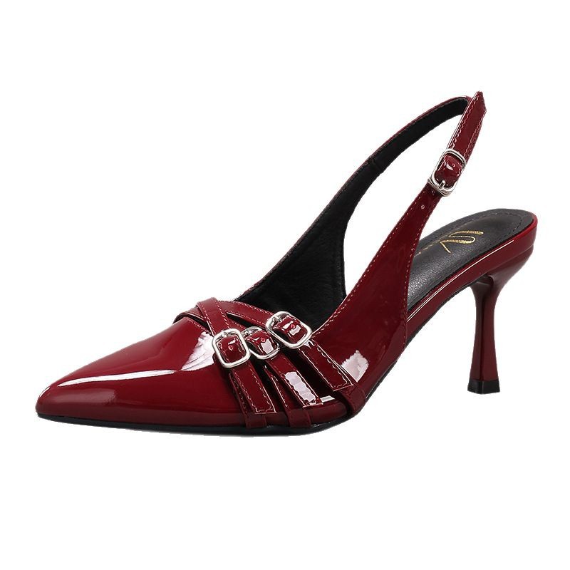 zapatos de tacones altos de mujer hebilla de cinturón de metal decoración vino rojo sexy gatito puntas y sandalias de fiesta de moda transfronterizas