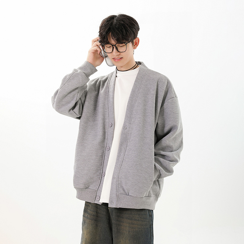 Japanese Retro Cardigan Sweatshirt for Men and Women, Spring Heavyweight Lazy Style Waffle Knit Jacket, Loose Casual Knit Top Japanese Retro Cardigan Sweatshirt for Men and Women, Spring Heavyweight Lazy Style Waffle Knit Jacket, Loose Casual Knit Top