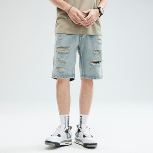 Light Blue Ripped Denim Shorts Men's Summer 20025 New American Retro Washed Five-Point Pants Straight Mid-Pants