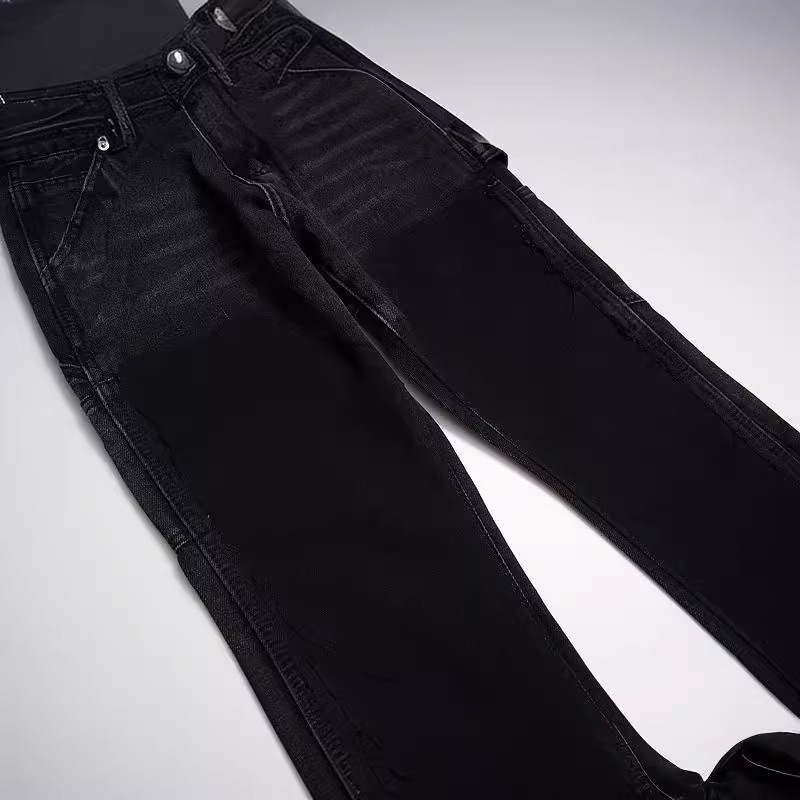 Men's Clothing high street stitching deconstructed distressed black flared loose jeans_voghion.com