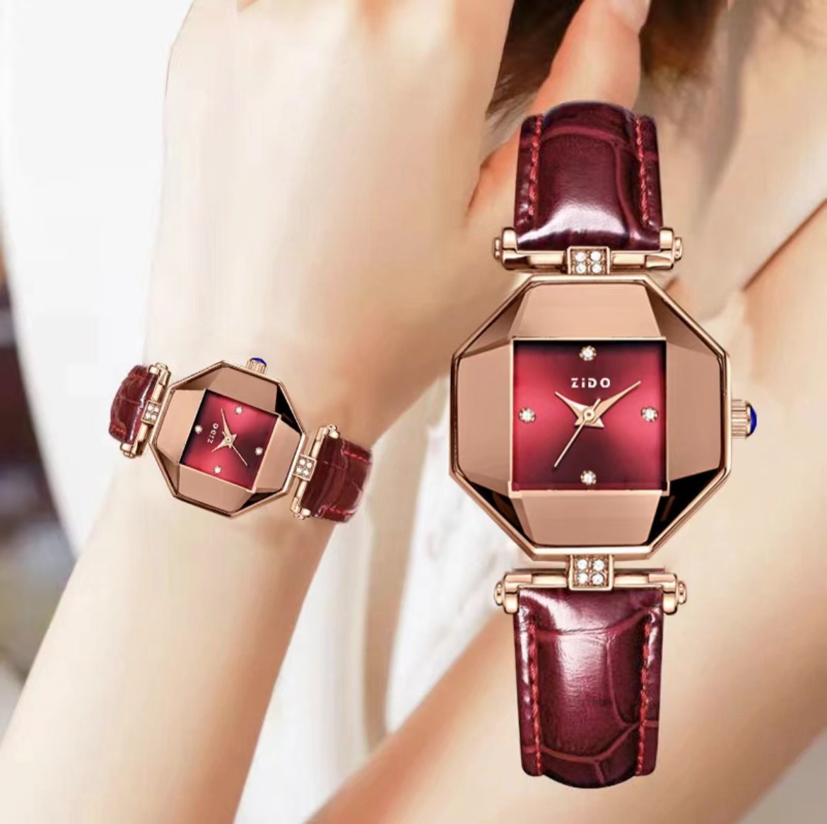 Zido Brand Niche Style Retro Fashion Simple Luminous Waterproof Sports Square 1404 Women's Watch Red