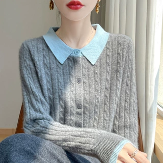 秋冬新款翻领假两件开衫女拼色显瘦百搭针织毛衣时尚外穿外套上衣