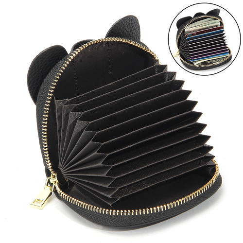 Japanese genuine leather accordion card bag ins creative personality little elephant zipper small wallet solid color multi-card slot document card holder