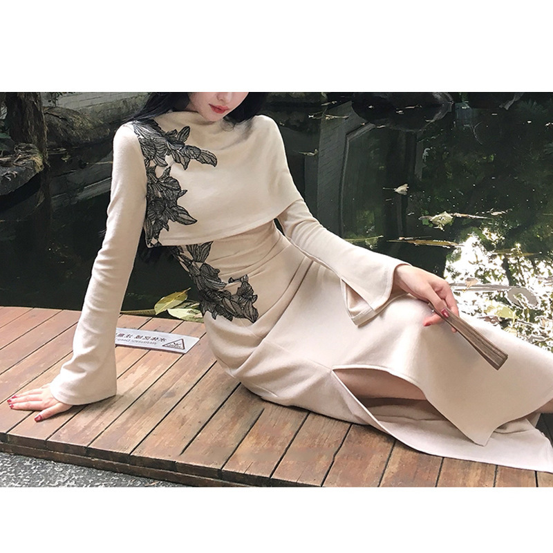 复古国风秋枫叙新中式针织连衣裙女早秋法式斗篷披肩长袖旗袍长裙|undefined
